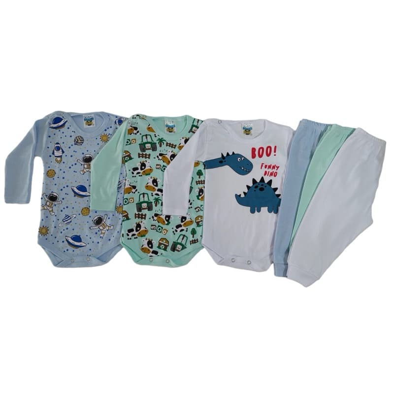 Kit Trio Conjuntos 6 Peças com Estampas  Divertidas - 3 Body e 3 Calças