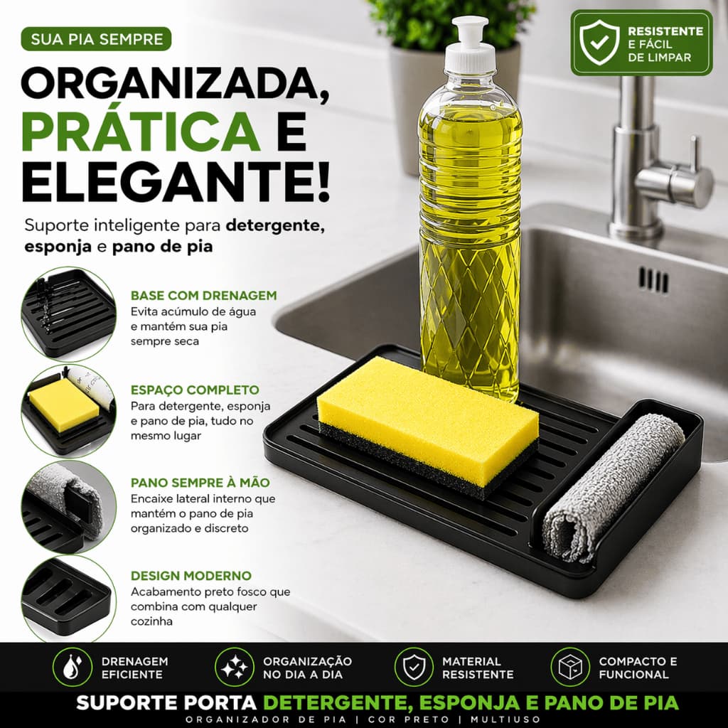 Suporte Porta Detergente Esponja e Pano de Pia Organizador de Pia Cozinha Multiuso com Drenagem