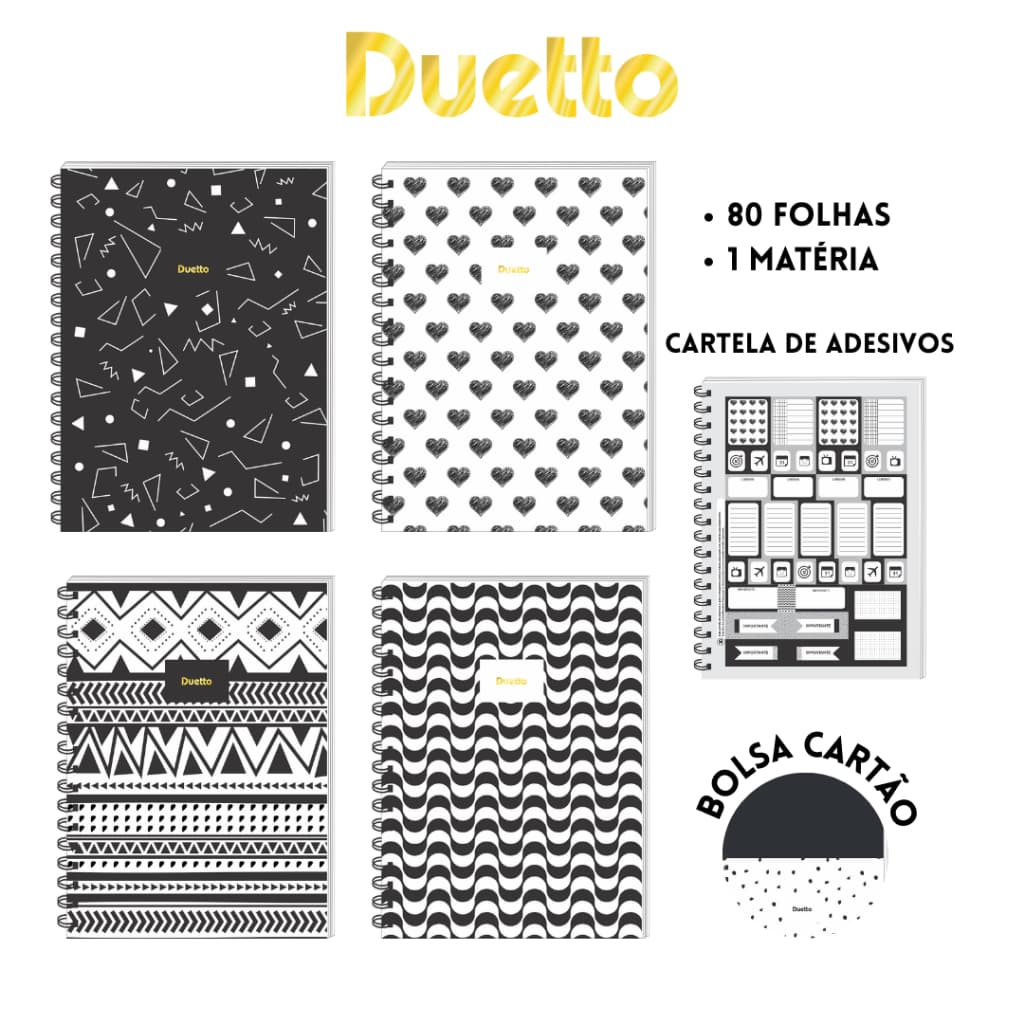 Caderno Espiral Colegial 80 Folhas 1 Matéria Capa Dura Bolsa Cartão+Adesivos Duetto 3B Cadernos