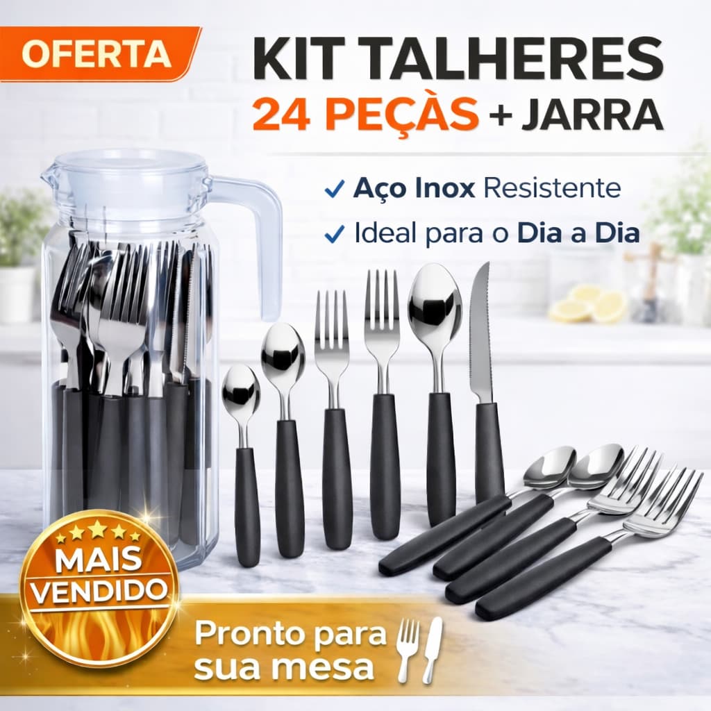 Faqueiro 24 Peças Aço Inox + Jarra de Vidro Kit Talheres Completo Cozinha Mesa Posta