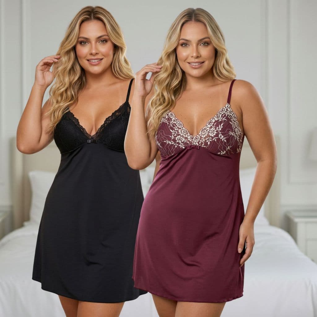 Kit de 2 Camisolas Plus Size Confortável Renda Leve Malha Fria Linda Pijamas