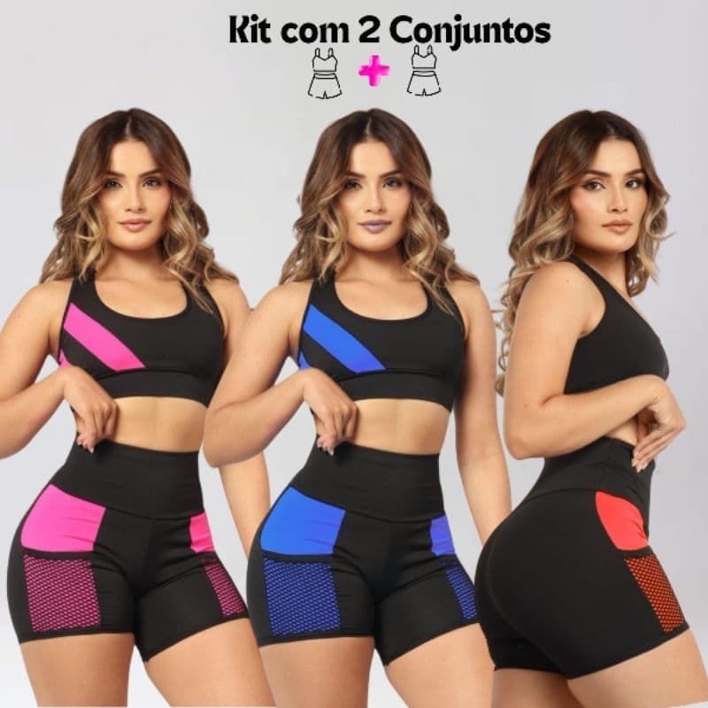Kit 2 Conjuntos Short e Top Moda Fitness Feminino Suplex Confortável Academia Cintura Alta Compresão
