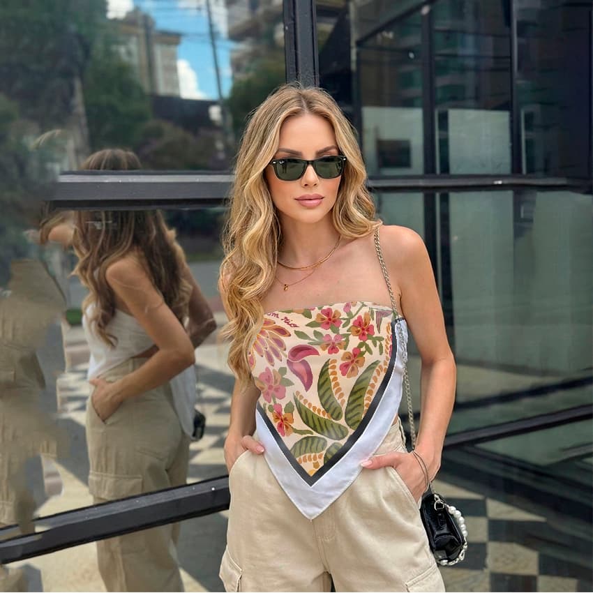 Lenço de Cetim Feminino Floral Plantas 90X90 cm Fashion Multiuso Cropped Saia