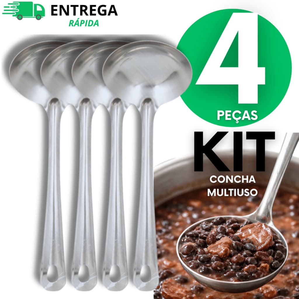 Kit 4 Concha Aço Inox Premium 23cm Multiuso Para Sopas Feijão Caldos Utensilio Cozinha Culinária