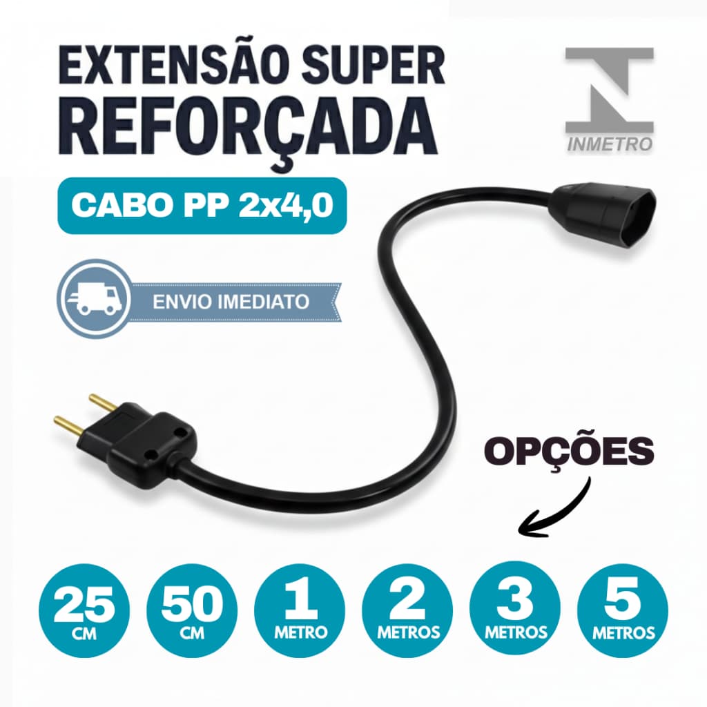 Extensão Reforçada 20A Cabo PP 2X4mm - 0,5/1/2/3/5 Metros | Prolongador De Energia Certificado | Bivolt
