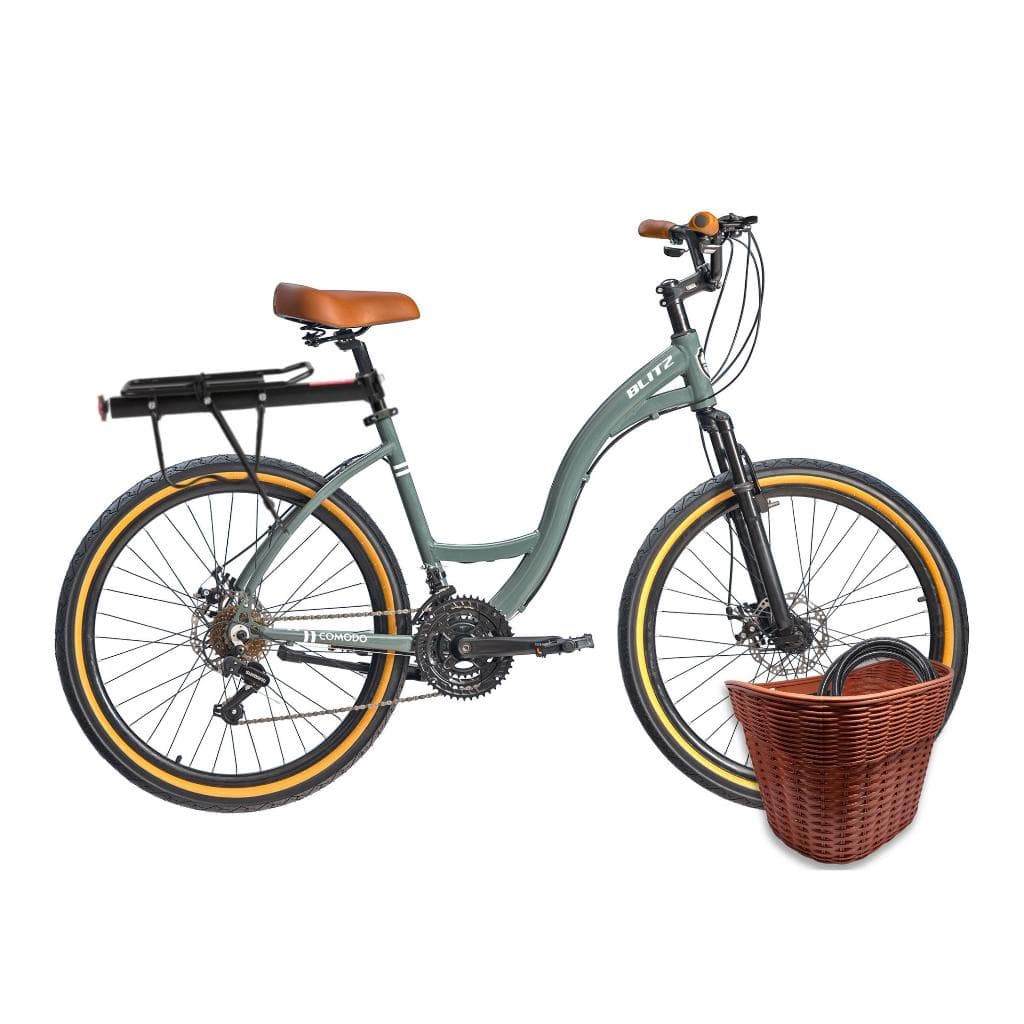 Kit Bicicleta Aro 26 BLITZ Comodo Urbana 21v + Cestinha, Bagageiro e Cadeado