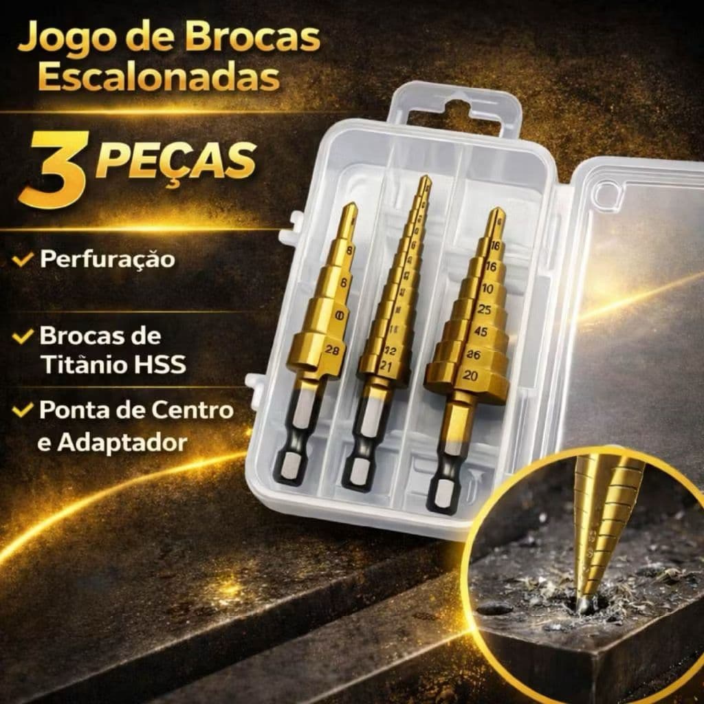 Kit Broca Escalonada HSS Titanium 3 Peças Alta Durabilidade para Metal Madeira Plástico Jogo de Brocas Maleta 3 Peças