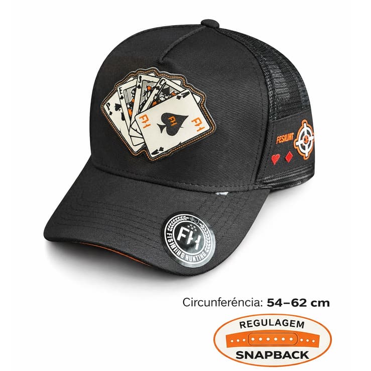 Boné Caça e Pesca Cartas Preto Trucker Tela Snapback