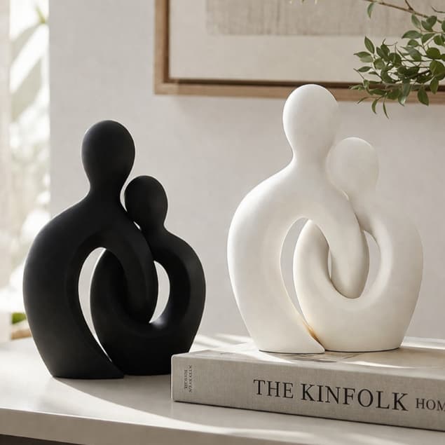 Estátua Casal Encaixe Nórdico Abstrata Branco Preto Bege Decoração Sala Escritório