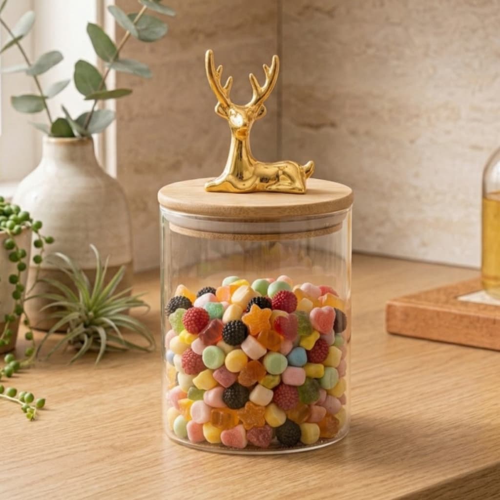 Pote de Vidro Hermético 450ml Tampa Bambu com Alce Dourado Porta Biscoito Doce Organizador Pequeno Decorativo