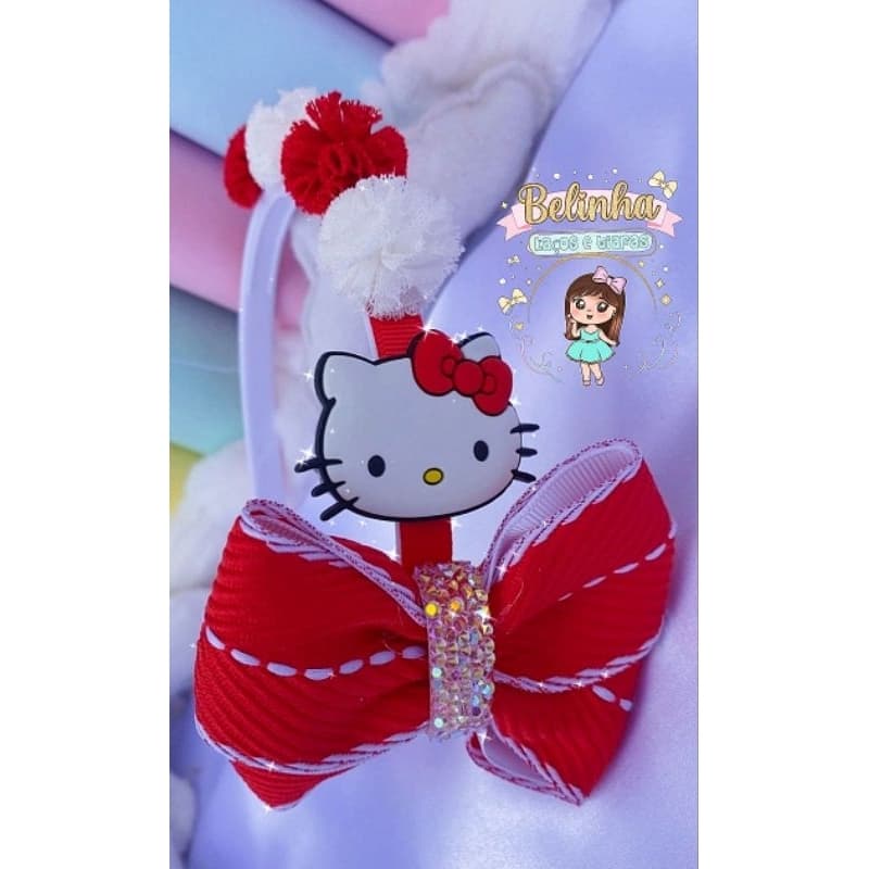 Tiara Infantil Hello Kitty Vermelha com Pompom – Tiara de Cabelo Menina Personagem Luxo Delicada