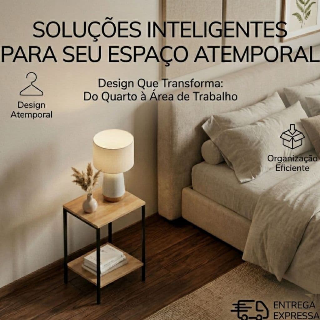 Kit 2 Mesa de Cabeceira Base de Ferro Tampo de Madeira Decoração para Quarto