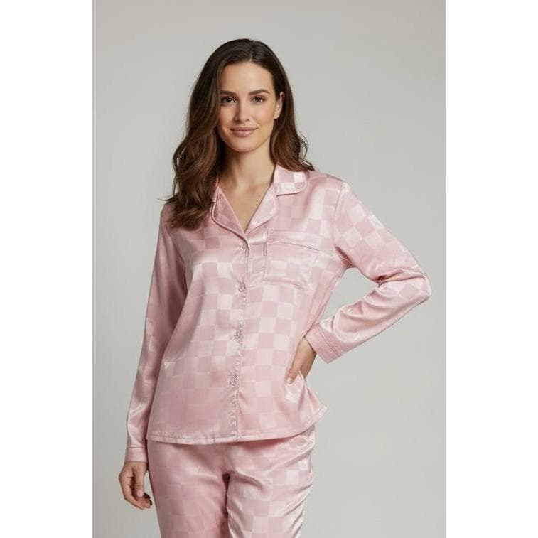 Pijama feminino Rosa Xadrez em cetim manga longa, pijama americano luxo