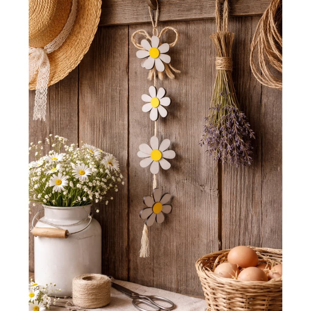 Margarida Flor 7 Pétala Branca Botão Amarelo Penca 4 Flores Decoração Parede e Festa Quarto Casa