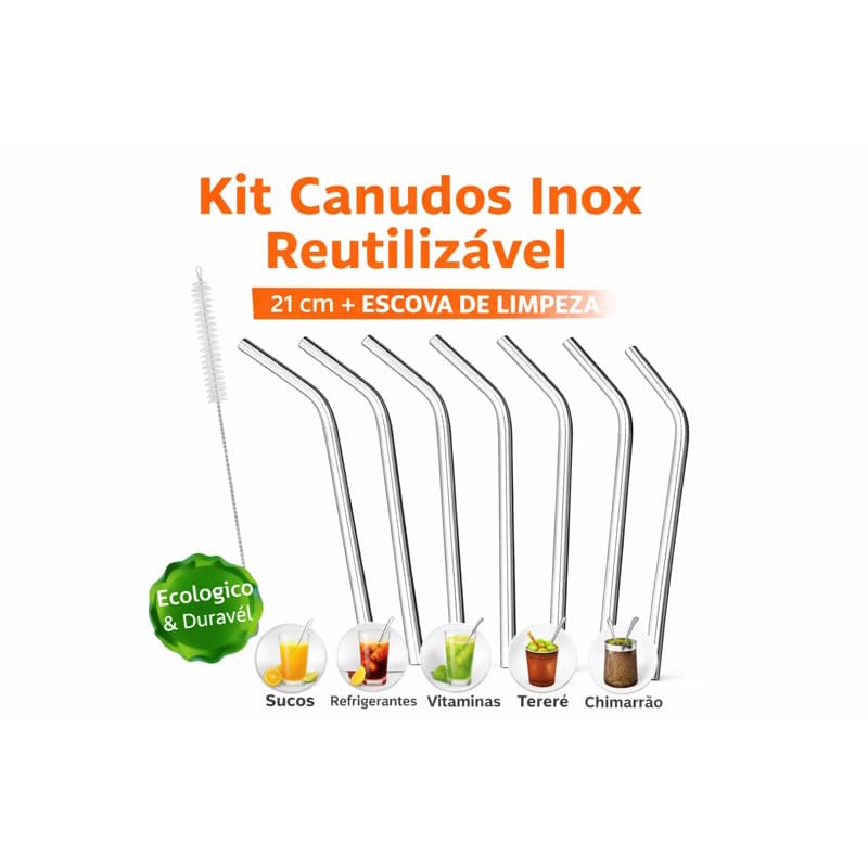 Kit 6 Canudos Inox Reutilizável 21cm + Escova de Limpeza | Canudo de Metal Sustentável