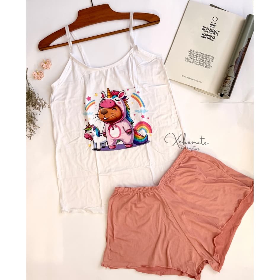 Kit Pijamas Regata e Short em Suede Estampados Confortavel Verão