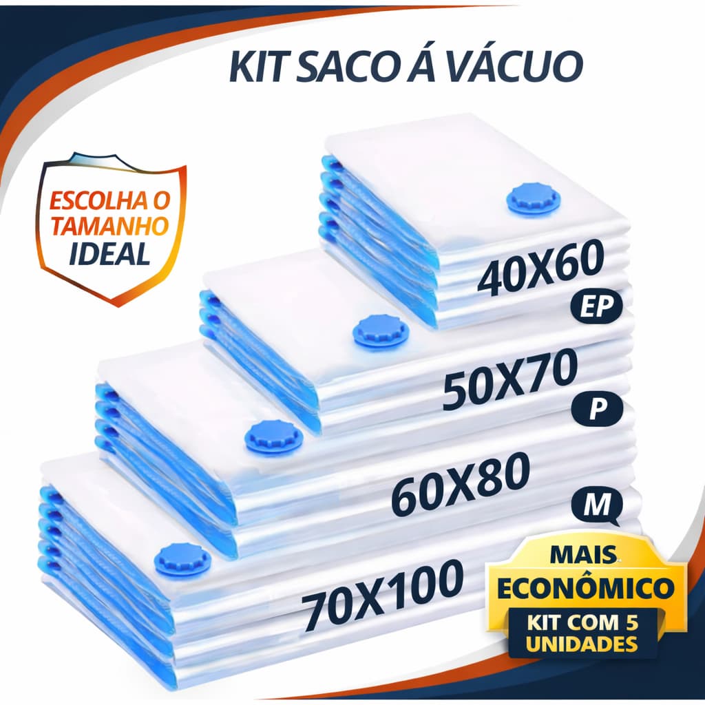 Kit 5 Saco Organizador a Vácuo 40x60 50x70 60x80 70x100 Hermético Anti Mofo Roupa Edredom