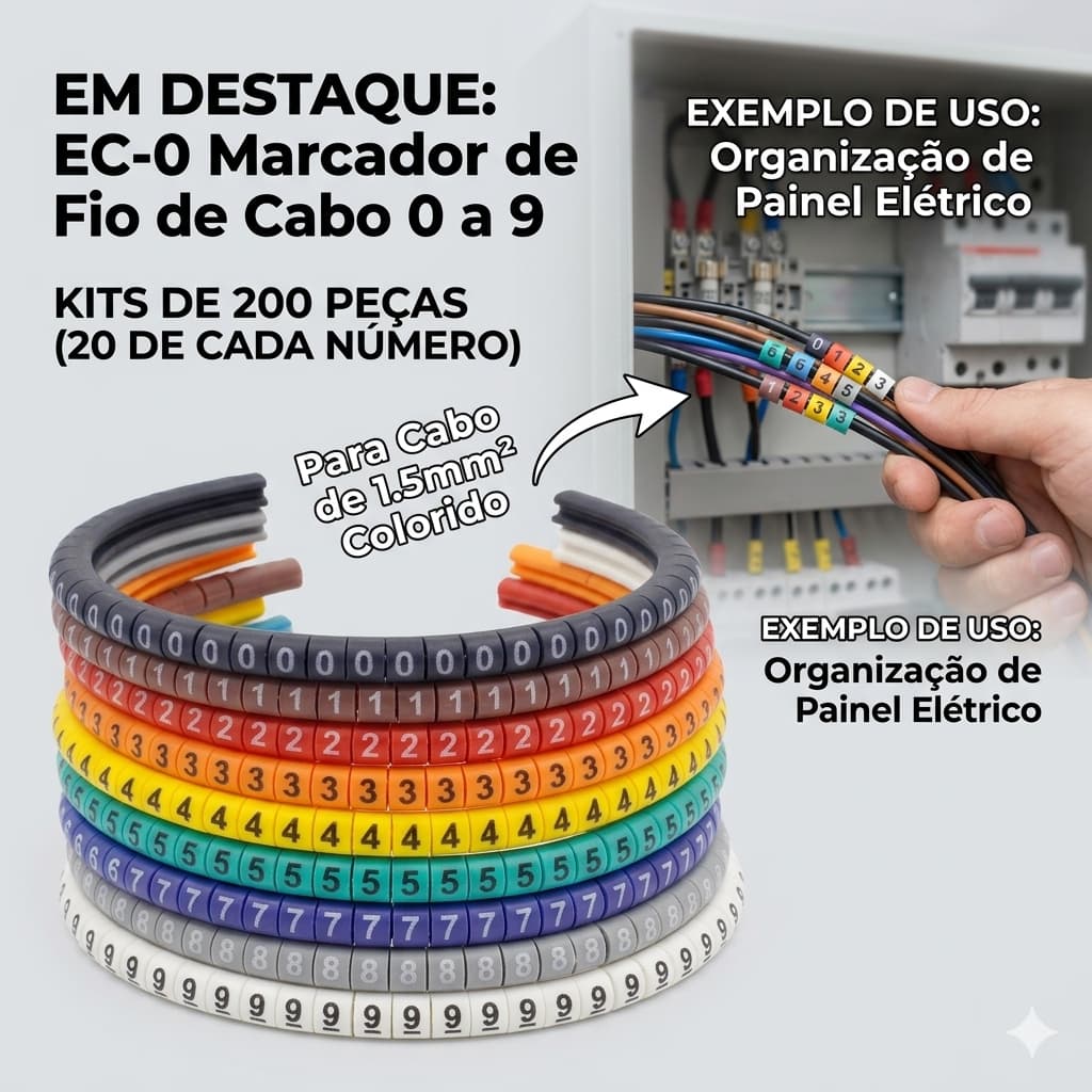 Marcador de Fio 0-9 200pcs Anilha Identificador de Cabos EC-0 EC-1 Numérico PVC para fio de 1,50mm a 2,5mm