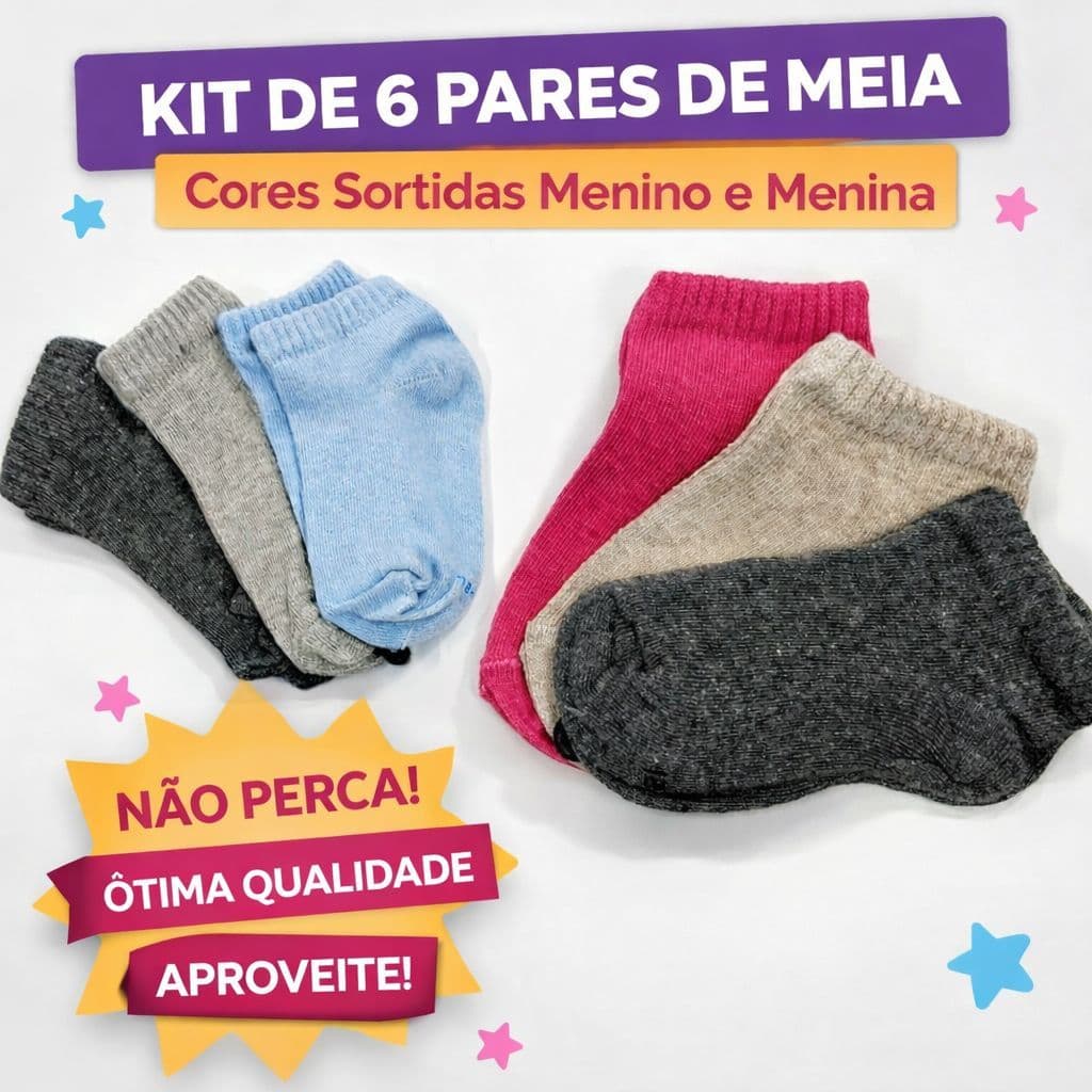 Kit 6 Pares Meias Cano Baixo Infantil Algodão Cor E Sortidos KITBB-K6