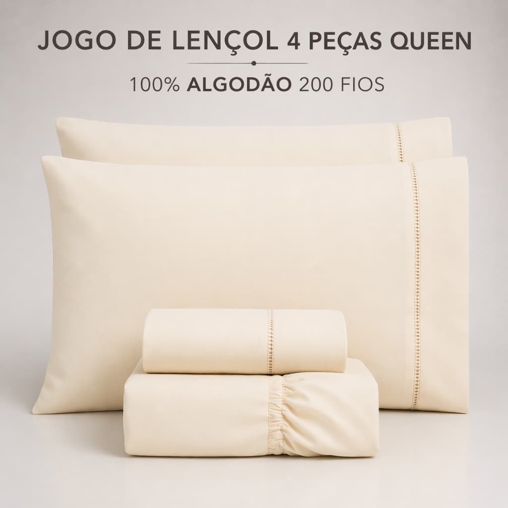 JOGO DE LENÇOL 4 PEÇAS QUEEN LISO 200 FIOS 100% ALGODÃO MACIO