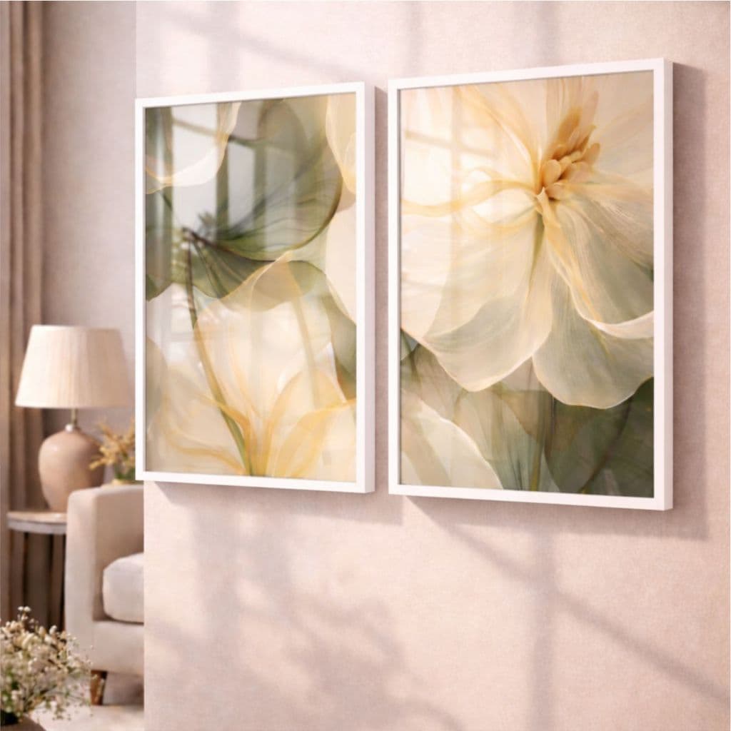 Quadro Decorativo Moldura e Vidro Kit 2 Peças Flor Verde Bege Para Sala Quarto Escritório