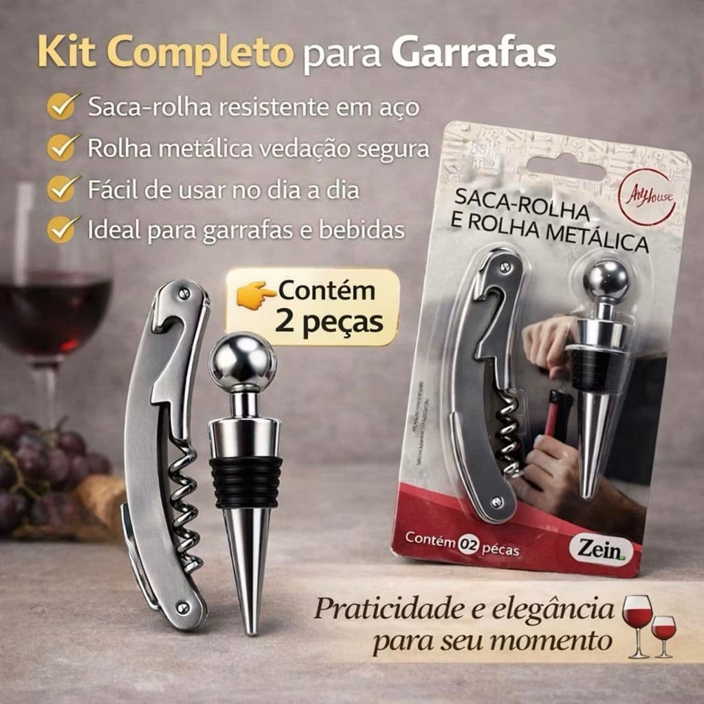 Kit Vinho Completo Saca Rolha Inox Abridor Profissional + Rolha Metálica Vedadora Tampa Garrafa Hermética Conservador