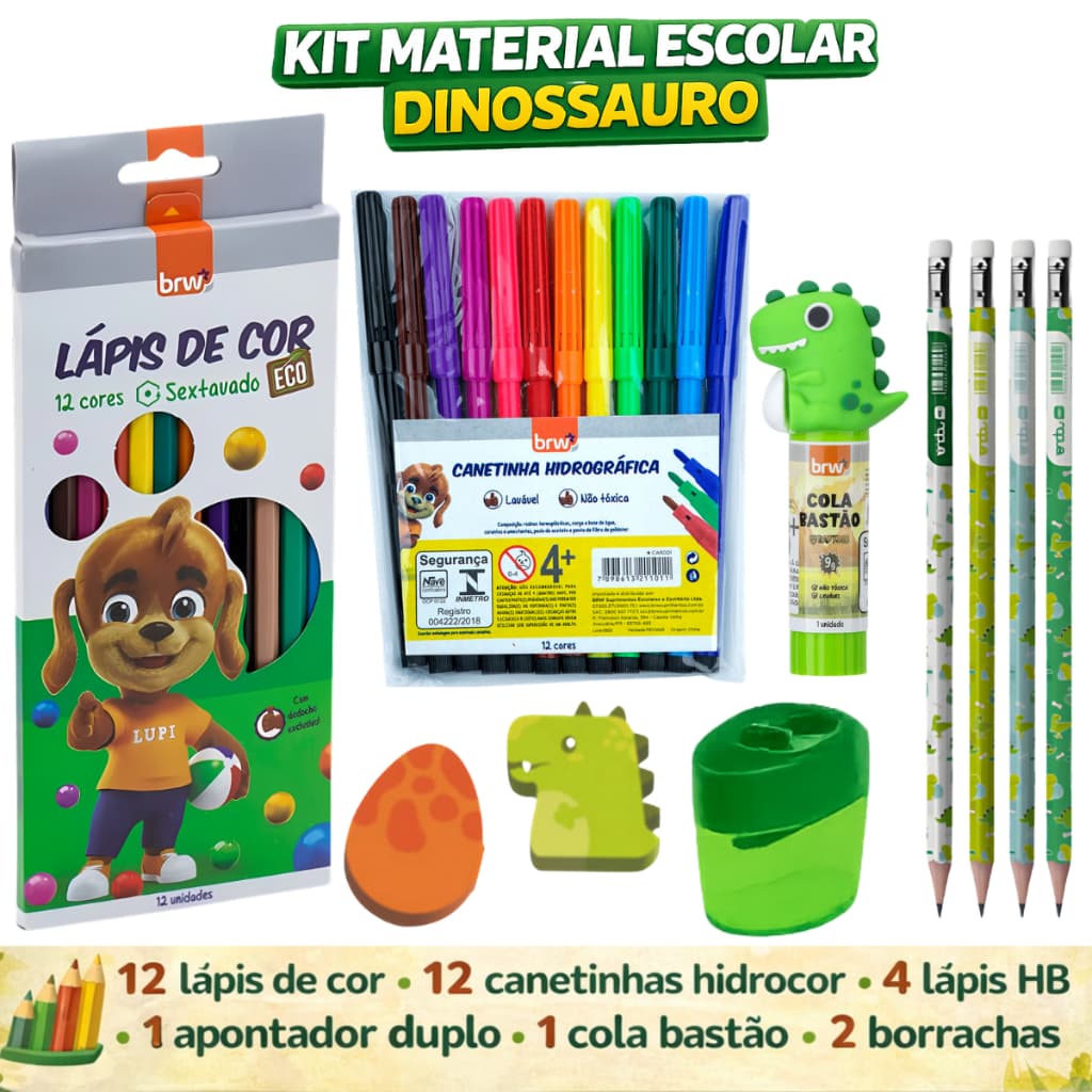 Kit Material Escolar Dinossauro - Lápis De Cor Canetinhas Lápis HB Borracha Apontador Cola Bastão