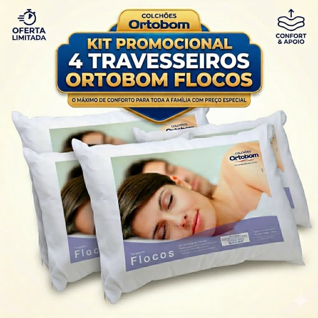 Kit 4 Travesseiros Ortobom Flocos 40x60 Confortável Ortopédico