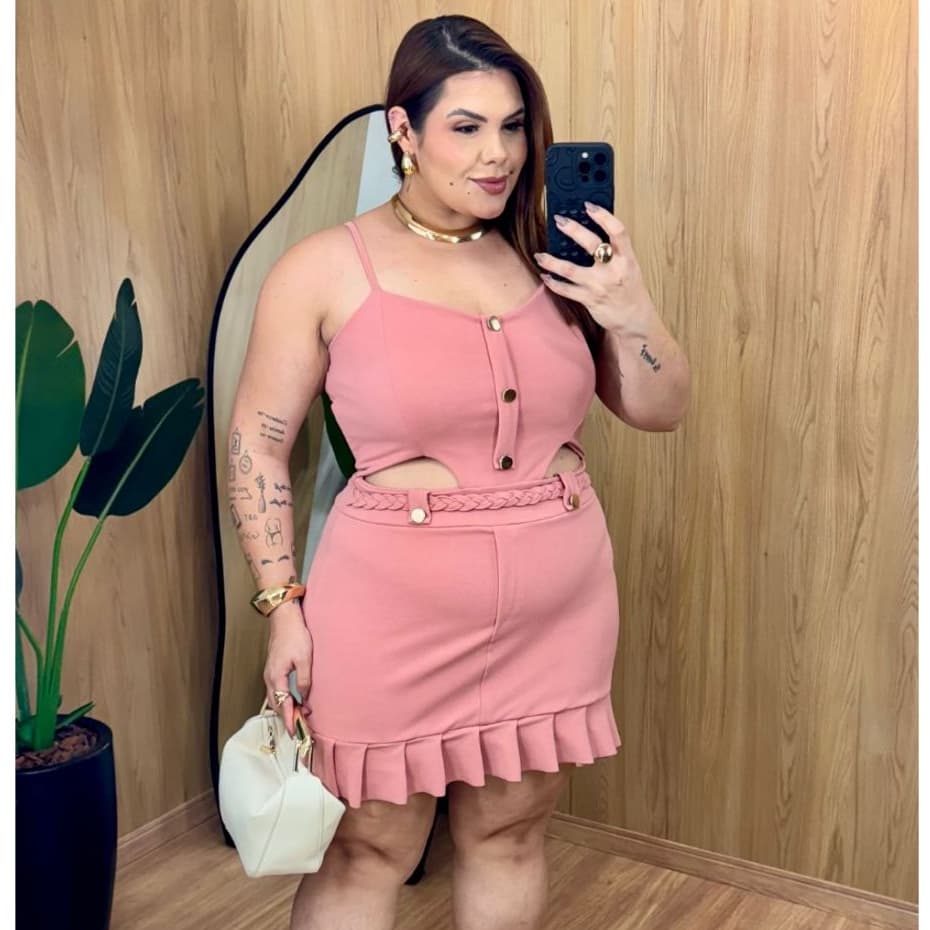 Conjunto Macaquinho Feminino Plus Size Short Saia Macacão Curve