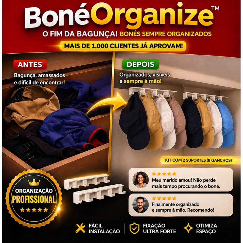 Organizador de Bonés CapHold™ 4 Ganchos | Suporte Adesivo Sem Furar | Kit de 1 a 4  unidades