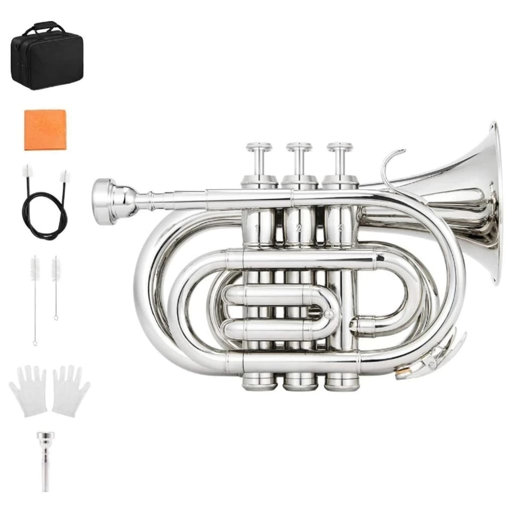 VEDO Pocket Trumpet B Flat for Beginners Students, Brass Trumpet Mouthpiece 7C, Cleaning Kit, Hard Case, Gloves, ETR-330