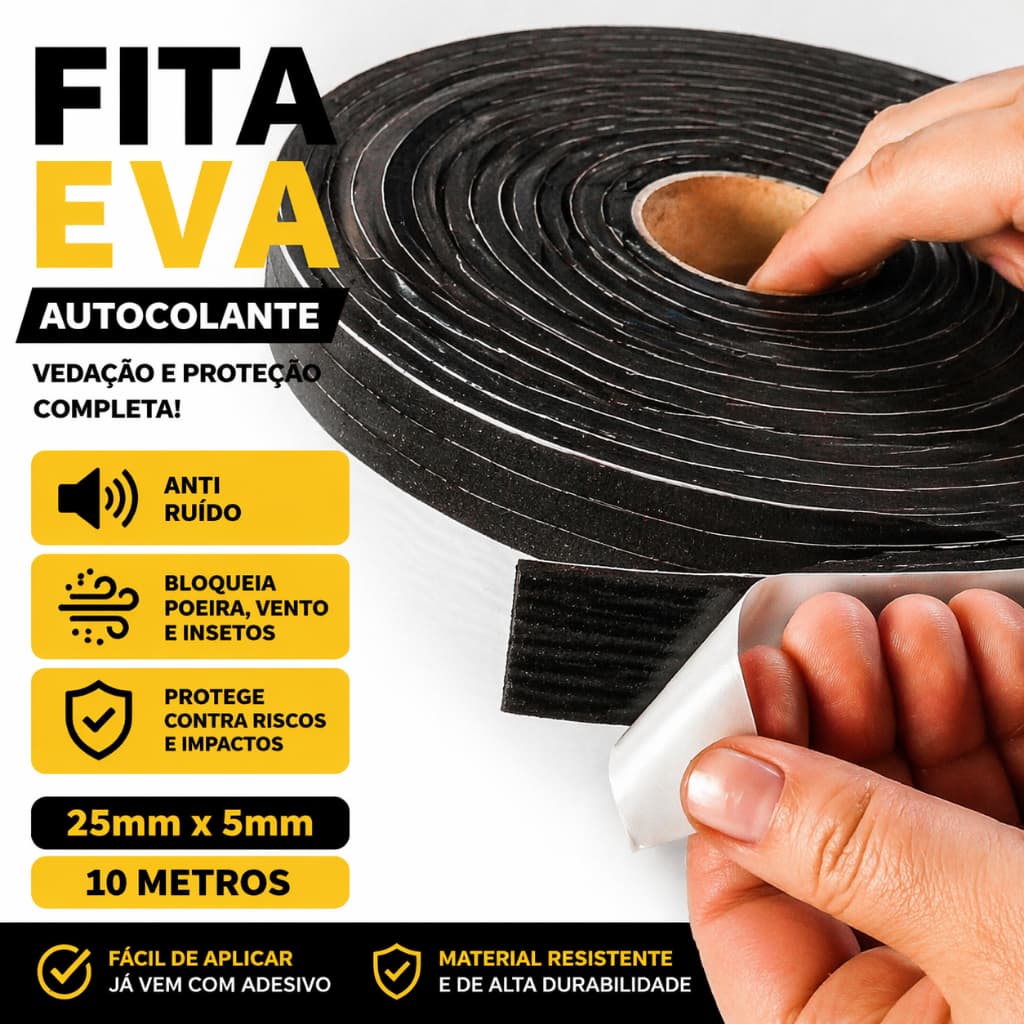 Fita EVA Autocolante Preta 25mm x 5mm x 10m | Isolamento, Vedação e Proteção