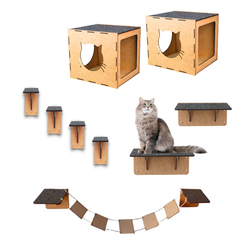Playground Gatos Kit Brinquedo Prateleiras Nichos Arranhador Escadinha Circuito com Carpete