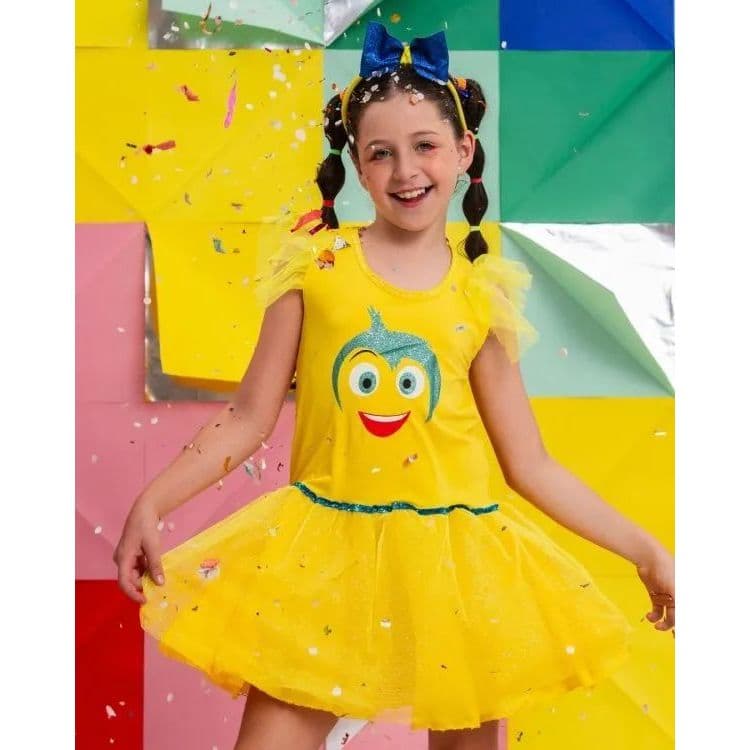 Fantasia Alegria Divertidamente Infantil Menina Vestido Joy Luxo + Tiara Brinde Halloween Carnaval Festa Aniversário