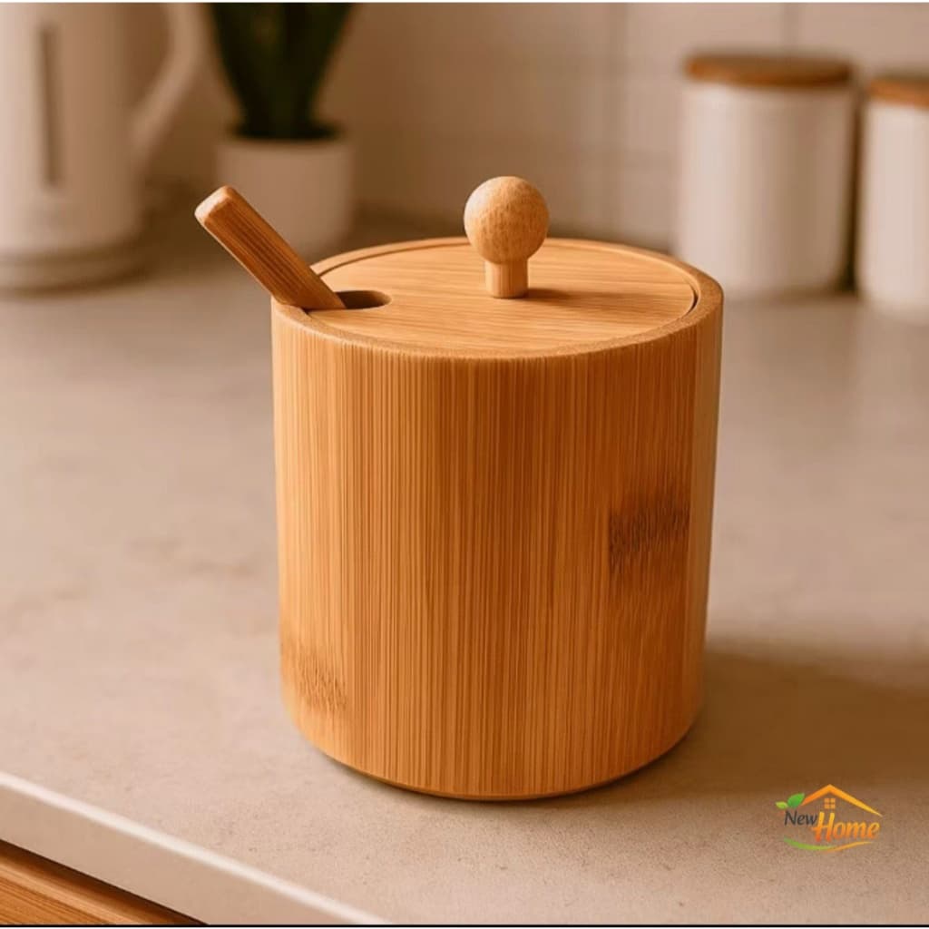 Açucareiro Saleiro Pote Para Café Em Bambu Sustentável Com Colher E Tampa 220ml