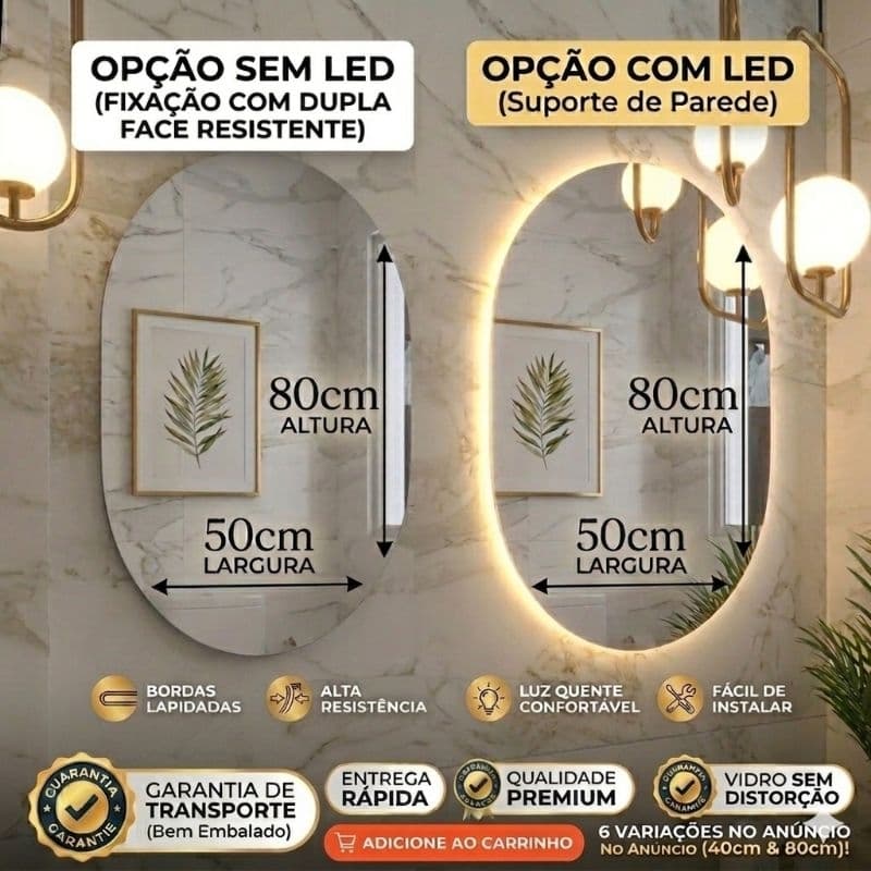 Espelho Oval Grande De Parede Orgânico Banheiro Sala Quarto Luz Quente E Fria