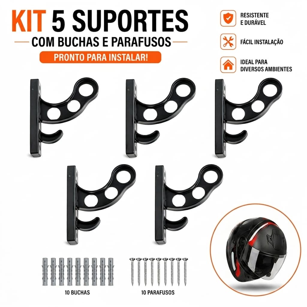 Kit 5 Suporte De Parede Com Buchas e Parafusos - Para Pendurar Capacete E Acessórios