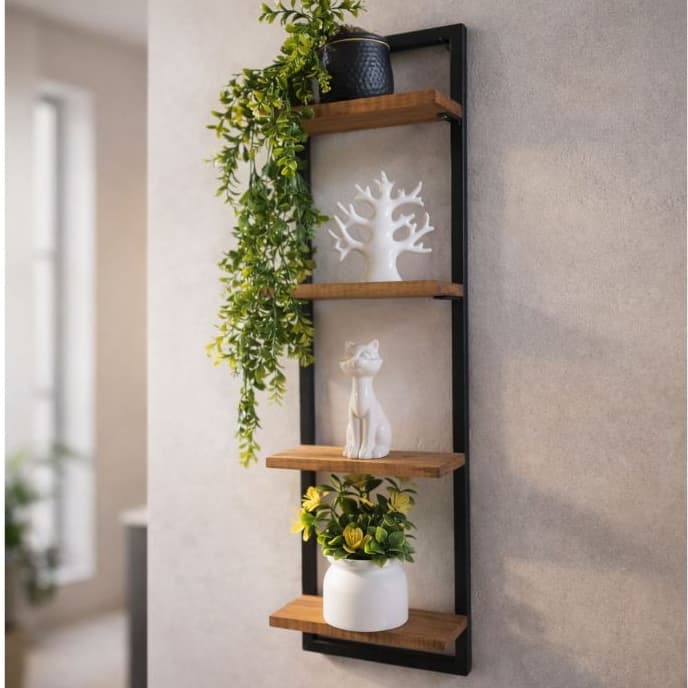 Nicho Retangular Decoração Sala, Banheiro, Quarto e Cozinha em metal e 4 prateleiras pinus