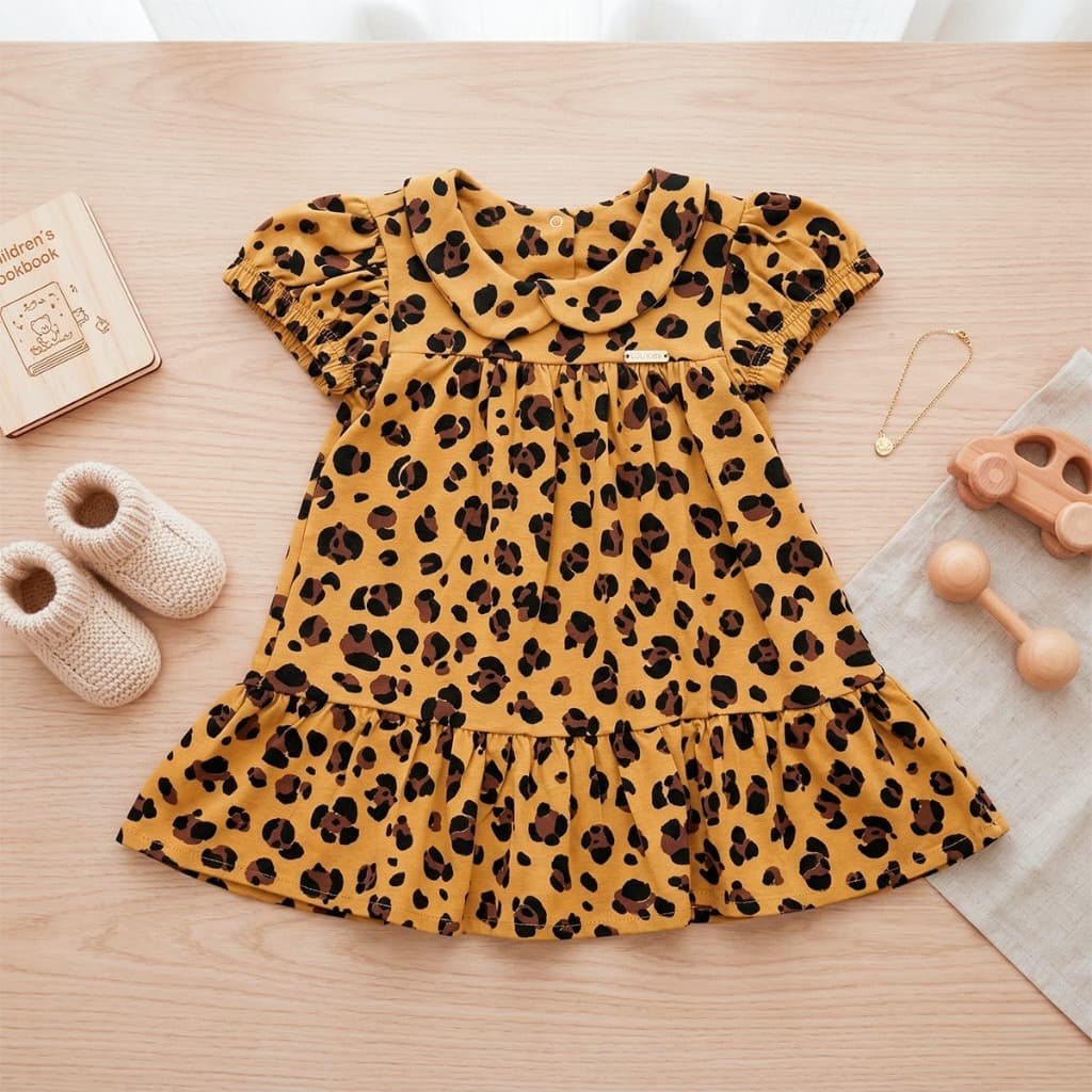 Vestido Estampa Oncinha Bebê Menina 100% Algodão Com Babado Conforto Para o Dia a Dia