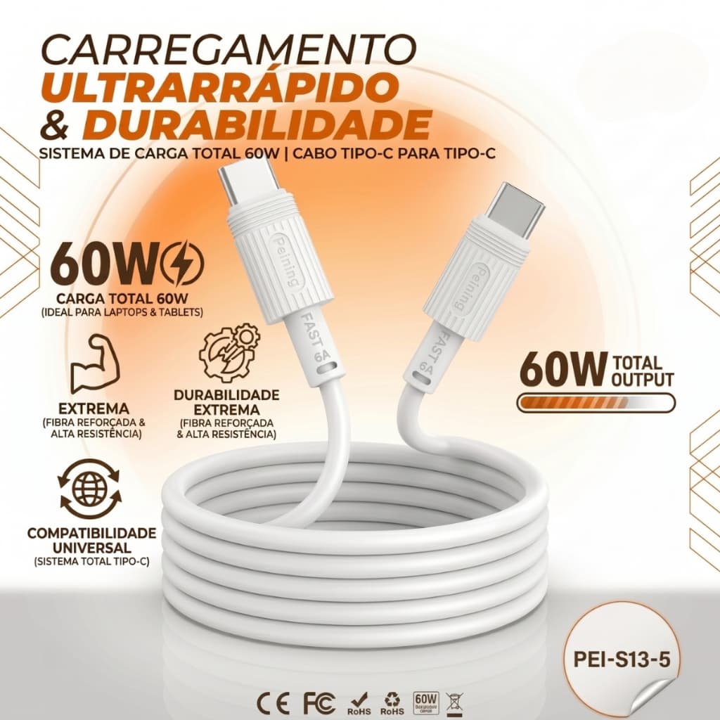 Cabo Carregador Tipo-C 60W Turbo 1m Branco
