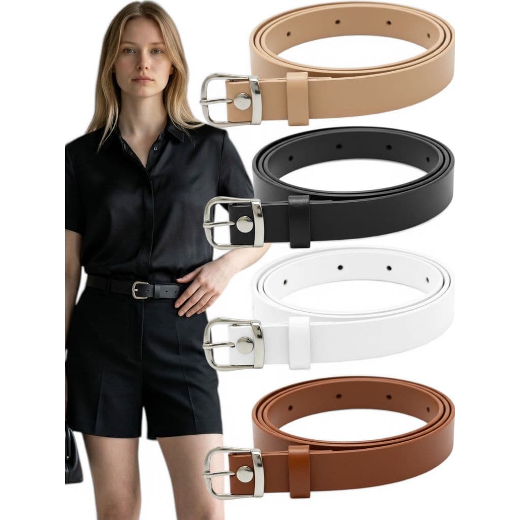 Kit4 Cinto Feminino Elegante Fino 2cm Da Moda Fivela Prata Básica Couro Sintético Ajustável - Sara