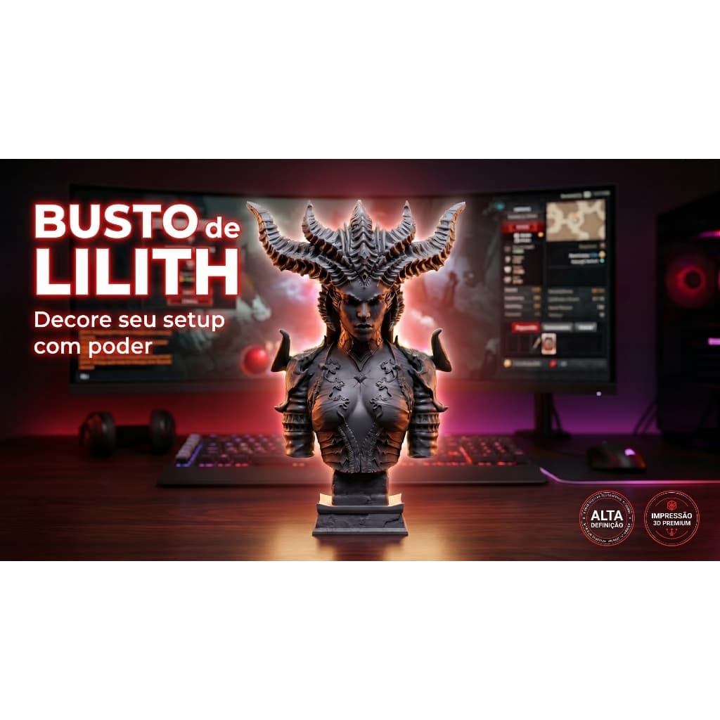 Busto de Lilith Estátua Decorativa Gamer Alta Definição  Peça Exclusiva para Setup e Colecionadores