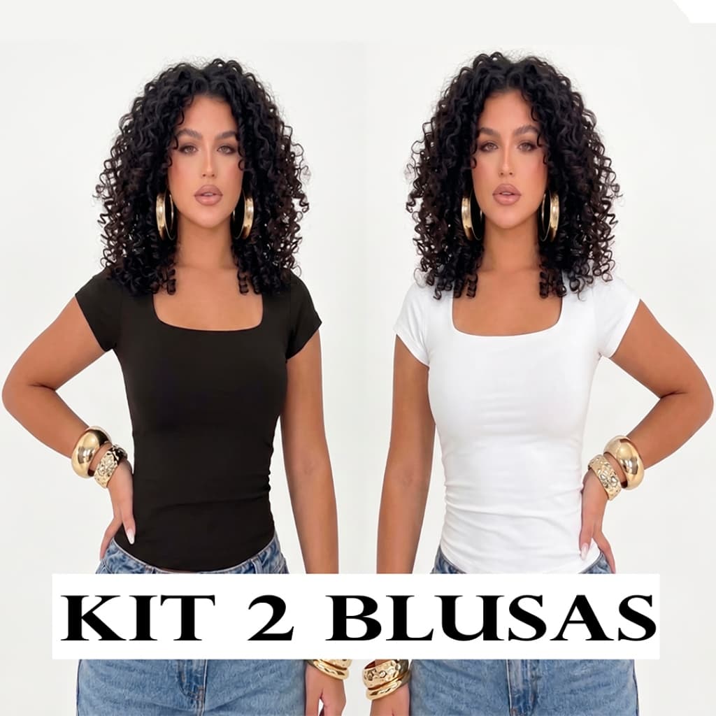 Kit 2 Baby Tee Blusinha Manga Curta Decote Quadrado Forro Duplo Malha Suplex Premium Camiseta Blusa