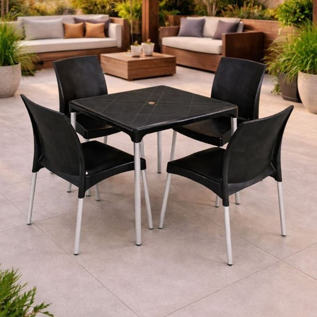Conjunto Completo Mesa 70x70 Com  4 Cadeiras  - Preto Pés em Alumínio Premium Reforçada