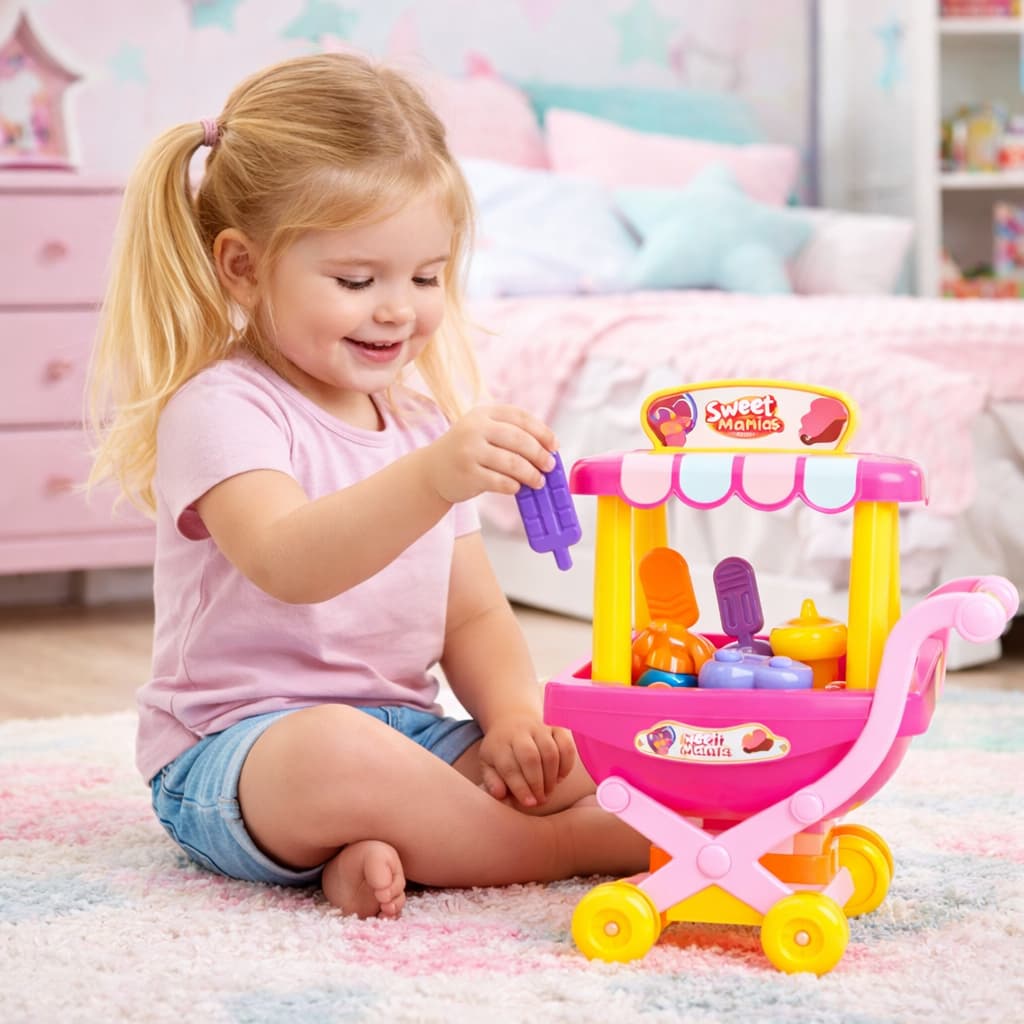 Brinquedo Menina Infantil Carrinho De Sorvete E Doces Colorido com 8 Peças