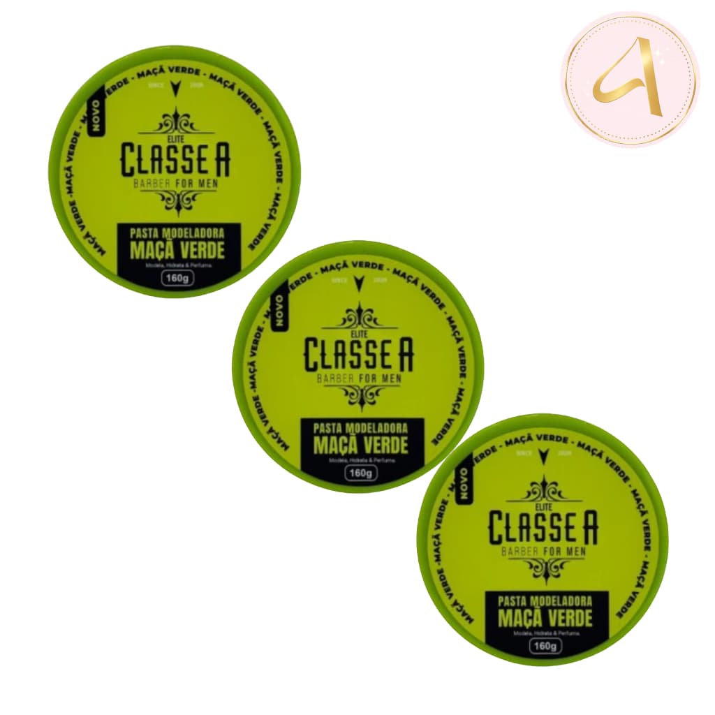 Classe A Barber Kit 3 Pomadas Maçã Verde Fixação Firme e Efeito Natural (150g)