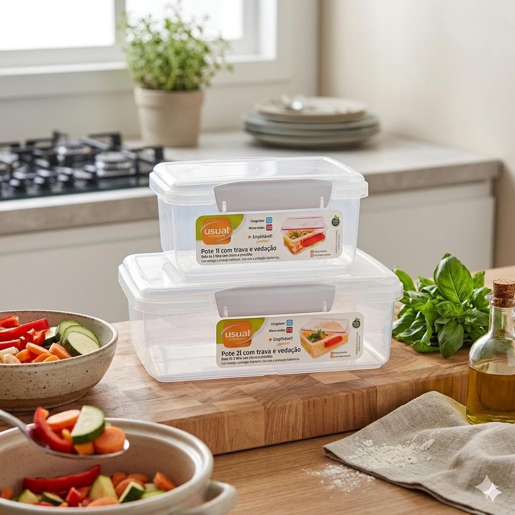Kit 02 Potes Herméticos 1L e 2L Travas Vedação Cozinha Organizador Microondas Freezer Livre BPA