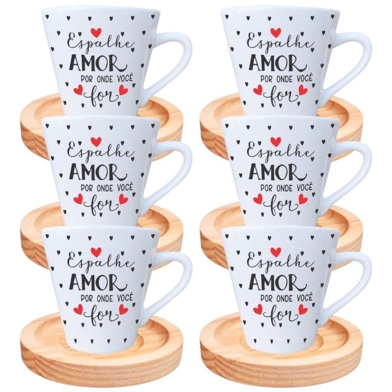 Jogo 6 Xícaras De Porcelana 120ml Pires Madeira Café Chá Espalhe Amor