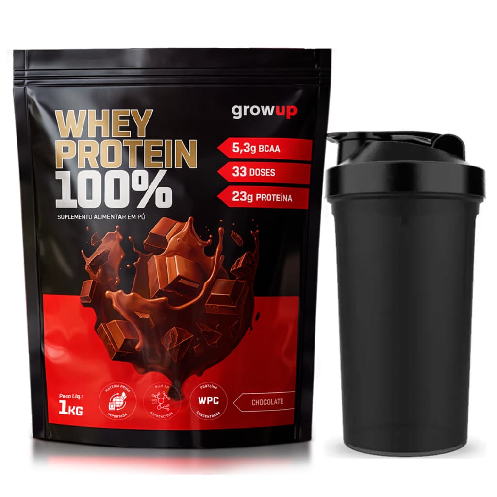 Whey Protein Concentrado Refil 1kg Growup + Coqueteleira - 100% Whey Rende 33 doses - WPC - Proteína Concentrada
