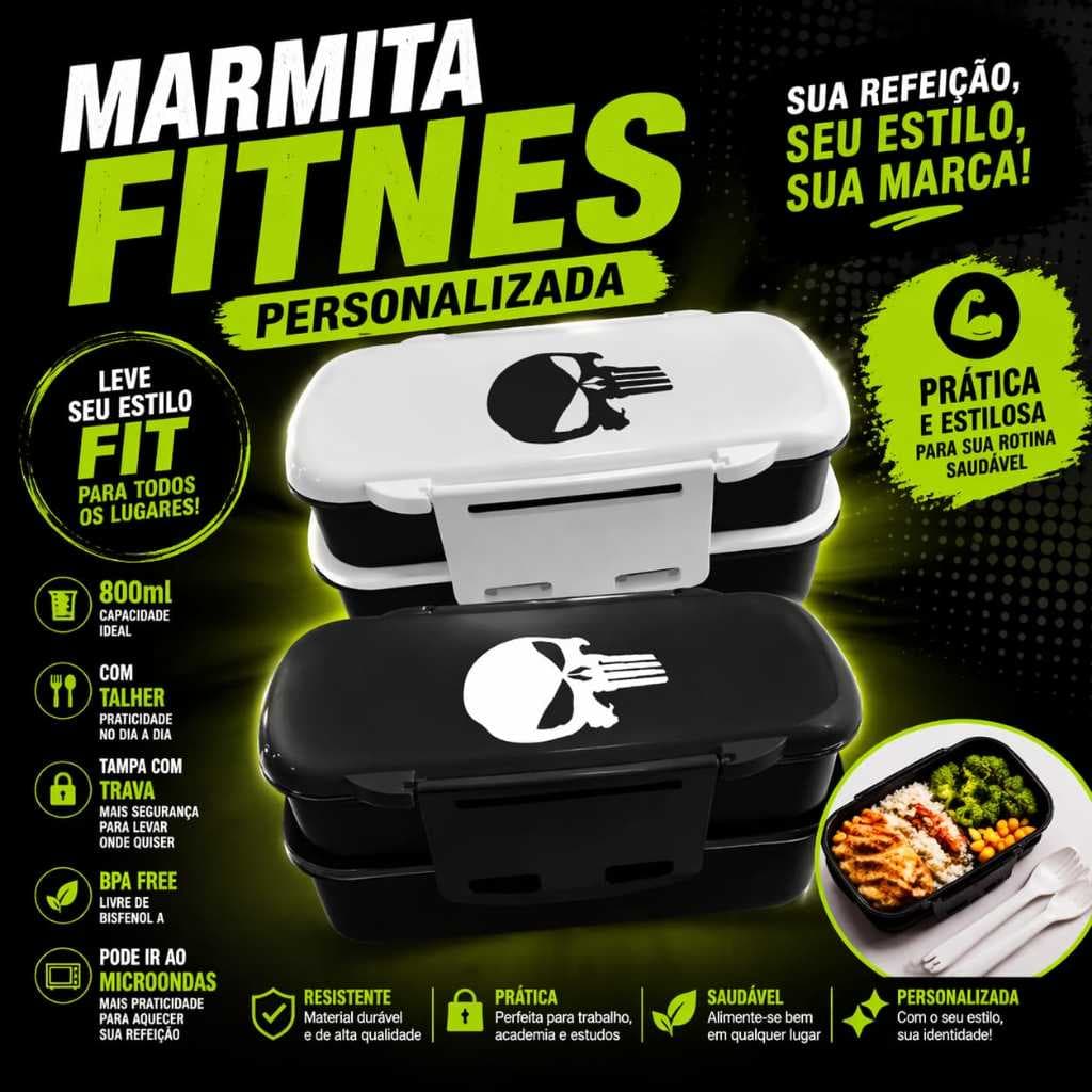 Lancheira Personalizada Marmita Fitness Preta Branca Caveira Academia c/talher Divisorias Plastico